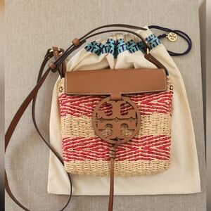 Tory Burch Tan and Red Woven Crossbody Bag